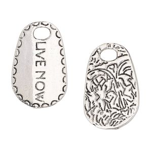 Drop, antique silver-finished "pewter" (zinc-based alloy), 26x16mm two-sided flat oval with "LIVE NOW" and abstract design. Sold per pkg of 2.