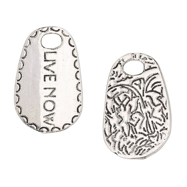 Drop, antique silver-finished "pewter" (zinc-based alloy), 26x16mm two-sided flat oval with "LIVE NOW" and abstract design. Sold per pkg of 2. image number 0