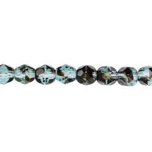 Bead, Czech fire-polished glass, black and turquoise blue, 6mm faceted round. Sold per 15-1/2" to 16" strand, approximately 65 beads.