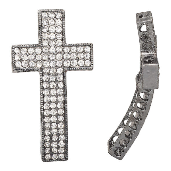 Focal, gunmetal-finished "pewter" (zinc-based alloy) and glass, clear, 48x26mm curved cross with (11) cutout hearts. Sold individually. image number 0