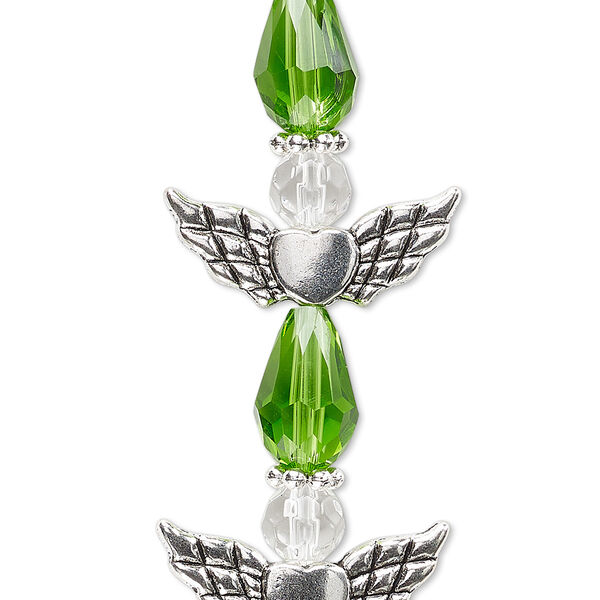Bead, crystal and antique silver-plated "pewter" (zinc-based alloy), transparent lime green and clear, 25x22mm angel. Sold per pkg of 4. image number 0