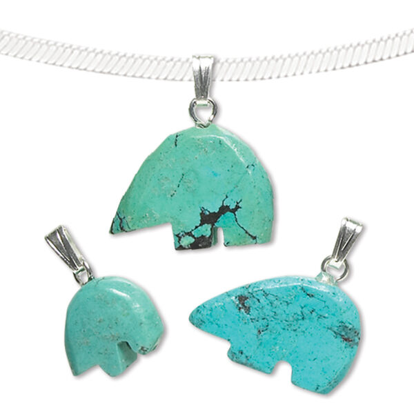 Pendant, turquoise (dyed / stabilized) and sterling silver, 21x16mm-31x21mm hand-cut Zuni-style bear. Sold individually. image number 0