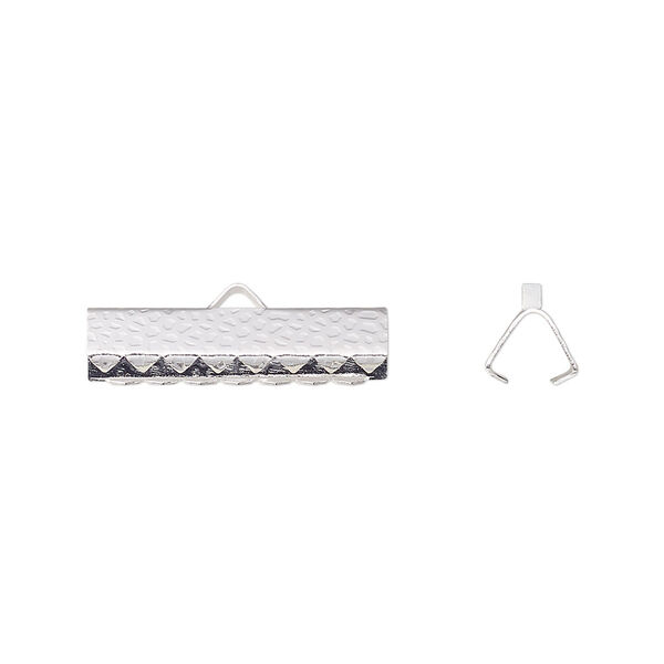 Ribbon crimp end, silver-plated brass, 20x5mm hammered rectangle. Sold per pkg of 10. image number 0