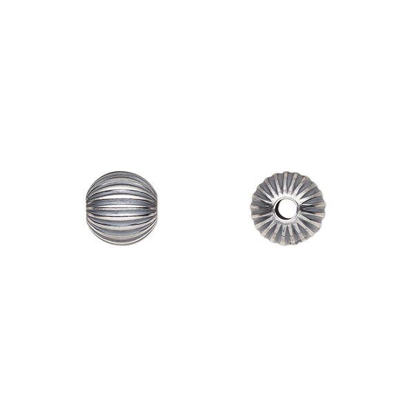 Bead, antiqued sterling silver, 8mm seamless corrugated round. Sold per pkg of 50. image number 0