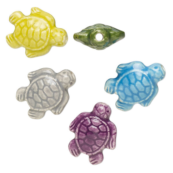 Bead, painted and glazed ceramic, assorted colors, 18x15mm turtle. Sold per pkg of 5. image number 0