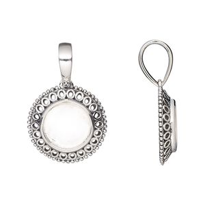Pendant, antiqued sterling silver, 17mm round with fancy rim and 10mm round bezel setting. Sold individually.