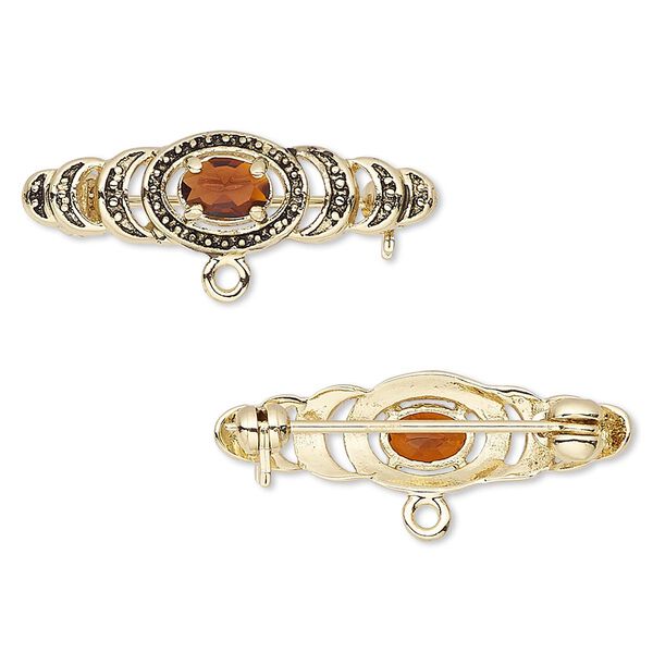 Brooch, cubic zirconia and antique gold-finished bronze, garnet red, 28x9mm with 6x4mm faceted oval and closed loop. Sold individually. image number 0