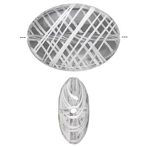 Bead, acrylic, semitransparent clear and white, 33x24mm puffed oval with painted line design. Sold per pkg of 18.