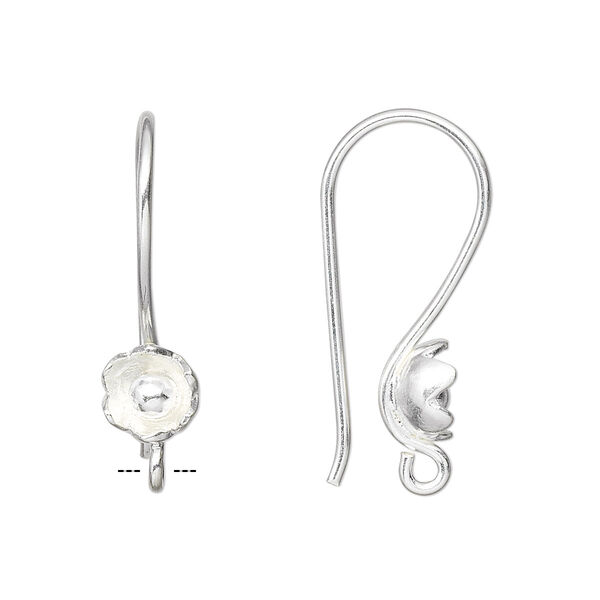 Ear wire, Hill Tribes, fine silver, 26x7mm with 6-petal flower and open loop. Sold per pair. image number 0