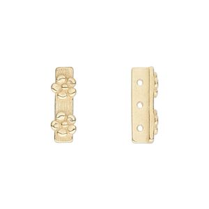 Spacer bar, JBB Findings, gold-plated pewter (tin-based alloy), 16x6mm 3-strand with single-sided flower design. Sold per pkg of 2.