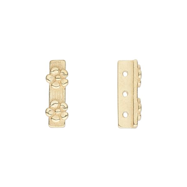 Spacer bar, JBB Findings, gold-plated pewter (tin-based alloy), 16x6mm 3-strand with single-sided flower design. Sold per pkg of 2. image number 0
