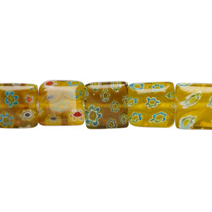 Bead, millefiori glass, yellow, 10x10mm flat square. Sold per 15-inch strand.