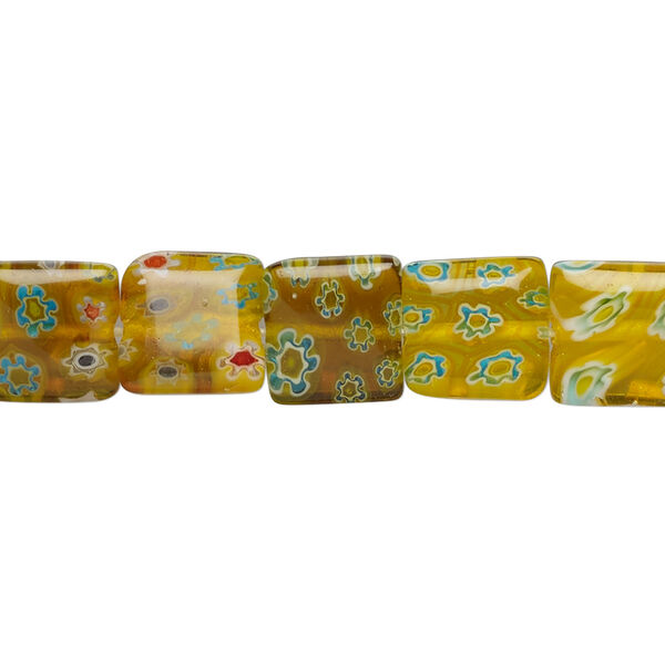Bead, millefiori glass, yellow, 10x10mm flat square. Sold per 15-inch strand. image number 0