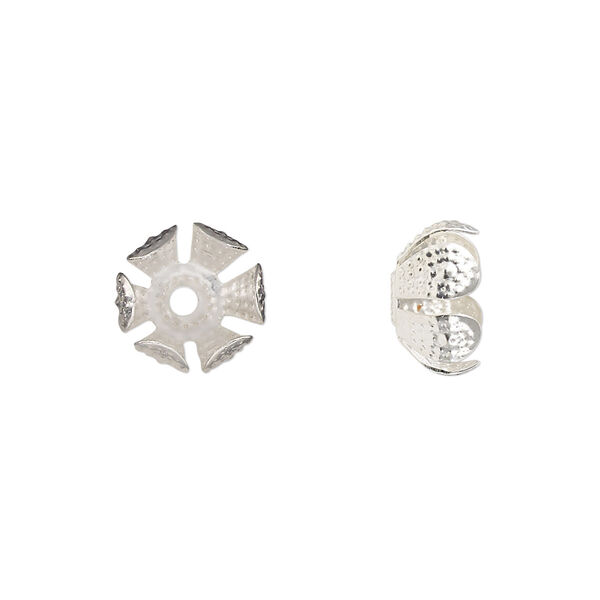 Bead cap, silver-finished steel, 11.5x6mm dimpled flower, fits 8-10mm round bead. Sold per pkg of 20. image number 0