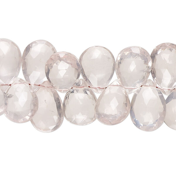 Bead, rose quartz (natural), light, 10x8mm-14x10mm hand-cut top-drilled faceted puffed teardrop, B+ grade, Mohs hardness 7. Sold per 8-inch strand, approximately 45 beads. image number 0