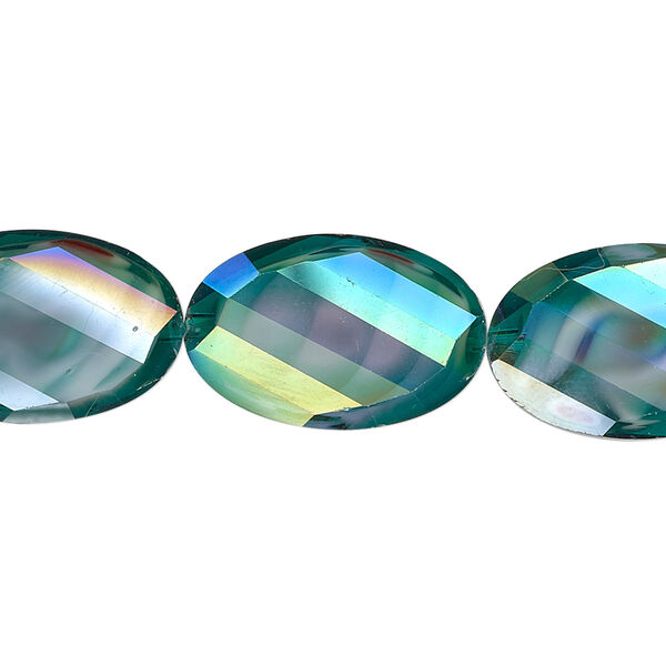 Bead, millefiori glass, marbled teal AB, 20x13mm faceted wavy oval. Sold per 8-inch strand, approximately 10 beads. image number 0