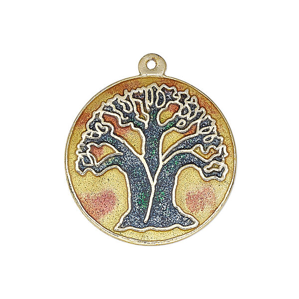 Drop, enamel and gold-finished brass, multicolored, 25-26mm single-sided flat round with tree of life design. Sold per pkg of 2. image number 0
