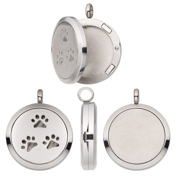 Pendant, stainless steel, 37x30mm single-sided hinged round locket with cutout paw prints and magnetic closure. Sold individually. image number 0