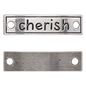 Link, antique silver-finished "pewter" (zinc-based alloy), 40x10mm single-sided curved flat rectangle with "cherish." Sold per pkg of 2.