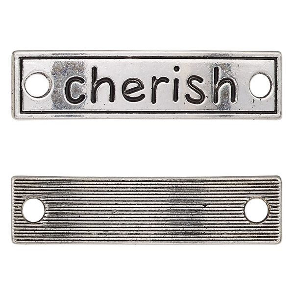 Link, antique silver-finished "pewter" (zinc-based alloy), 40x10mm single-sided curved flat rectangle with "cherish." Sold per pkg of 2. image number 0