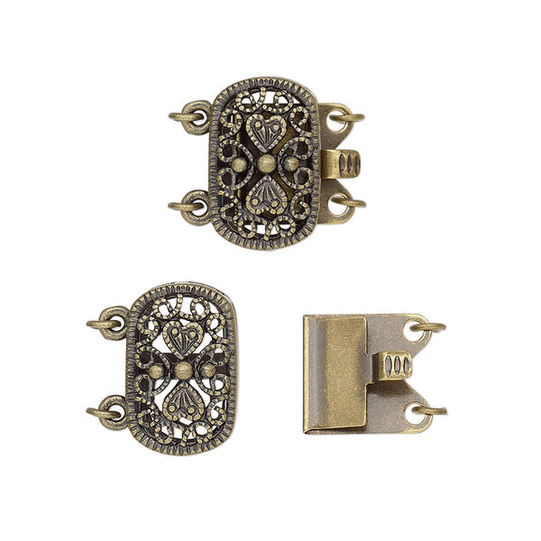Clasp, 2-strand tab, antique gold-plated brass, 14x9mm filigree oval. Sold per pkg of 100. image number 0