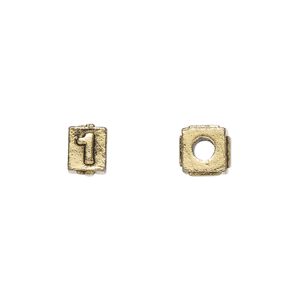 Bead, antique gold-plated pewter (tin-based alloy), 8x6mm rectangle with number "1." Sold per pkg of 4.