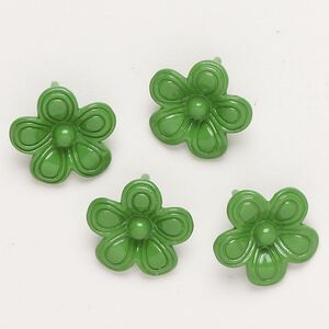 Charm, "pewter" (zinc-based alloy) and enamel, green, 14-15mm flower with hidden loop. Sold per pkg of 4.