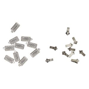 Clasp tab 1pkg10 silver-plated, 11x6mm double-sided filigree rectangle, antique brass 1-strand