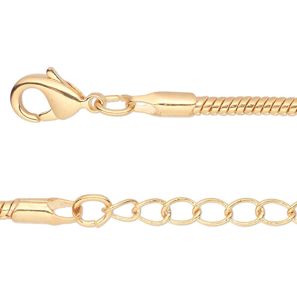 Chain, gold-finished brass, 2.5mm snake, 7-1/2 inches with 1-1/4 inch extender chain and lobster claw clasp. Sold per pkg of 6. image number 0