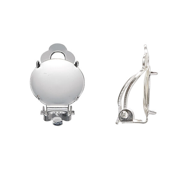 Earring, clip-on, silver-plated brass and steel, 14mm round flat pad with 13mm 4-prong round setting. Sold per pkg of 5 pairs. image number 0