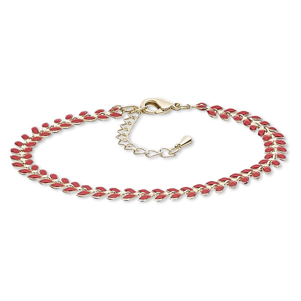 Bracelet, epoxy and gold-finished brass, red, 6.5mm wide with wreath design, 7 inches with 2-inch extender chain and lobster claw clasp. Sold individually. image number 0