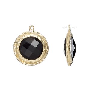 Drop, black onyx (dyed) and gold-finished sterling silver, 17mm double-sided faceted round with hammered edge. Sold individually.