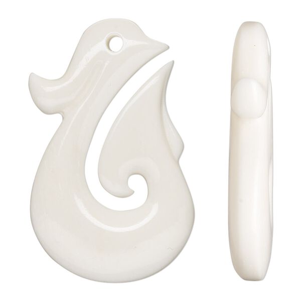 Focal, bone (bleached), white, 38x24mm hand-carved two-sided hook, Mohs hardness 2-1/2. Sold individually. image number 0
