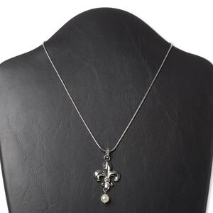 Necklace, glass rhinestone / acrylic pearl / imitation rhodium-finished "pewter" (zinc-based alloy), clear, 40x25mm fleur-de-lis, 16 inches with 3-inch extender chain and lobster claw clasp. Sold individually.