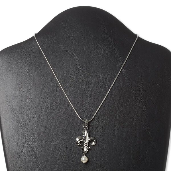 Necklace, glass rhinestone / acrylic pearl / imitation rhodium-finished "pewter" (zinc-based alloy), clear, 40x25mm fleur-de-lis, 16 inches with 3-inch extender chain and lobster claw clasp. Sold individually. image number 0