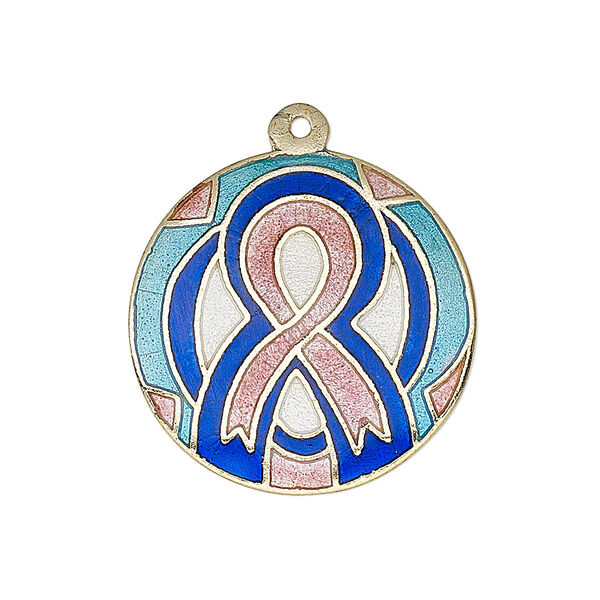 Drop, enamel and gold-finished brass, pink / dark blue / white, 25-26mm single-sided flat round with awareness ribbon design. Sold per pkg of 2. image number 0