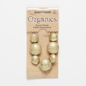 Bead, gold-finished "pewter" (zinc-based alloy), 14mm matte puffed flat round with dot and line design and 19mm matte puffed flat round with circle and triangle design. Sold per pkg of 7.