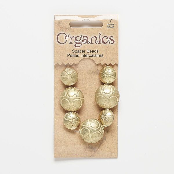 Bead, gold-finished "pewter" (zinc-based alloy), 14mm matte puffed flat round with dot and line design and 19mm matte puffed flat round with circle and triangle design. Sold per pkg of 7. image number 0