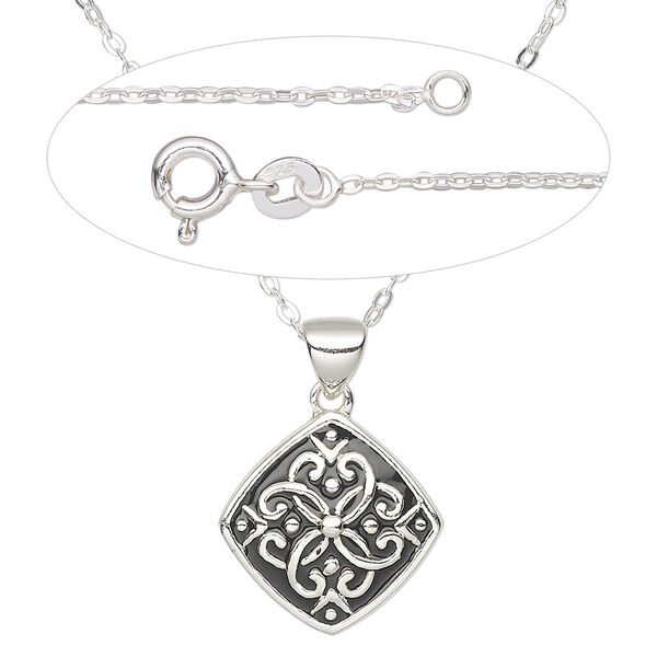 Necklace, Create Compliments®, sterling silver and enamel, black, 15.5mm diamond with dot and swirl design, adjustable at 16 and 18 inches with springring clasp. Sold individually. image number 0