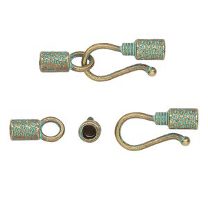 Clasp hook&eye 1pkg10 brass-plated / patina "pewter" (zinc alloy), 27x9mm hammered tube / fits 2.5mm cord, green antique 1-strand