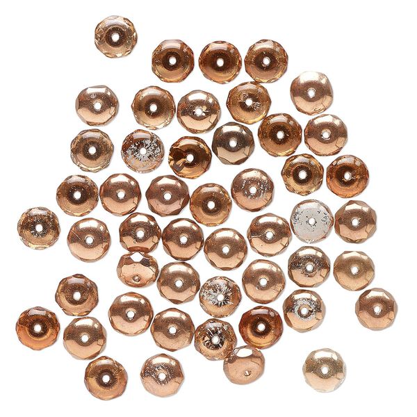 Bead, Czech glass, translucent and transparent clear with half-coat copper, 6x4mm faceted rondelle. Sold per pkg of 50. image number 0