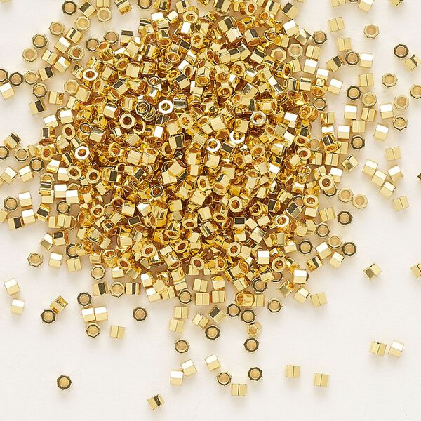 Seed bead, Delica®, glass, pkg/4g, #11 cut, opaque 24Kt gold-plated (DBC-0031). image number 0