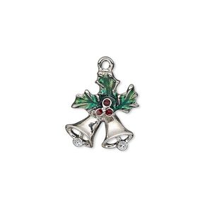 Charm, enamel and imitation rhodium-plated "pewter" (zinc-based alloy), green / red / white with glitter, 16x14mm single-sided bells and holly. Sold individually.