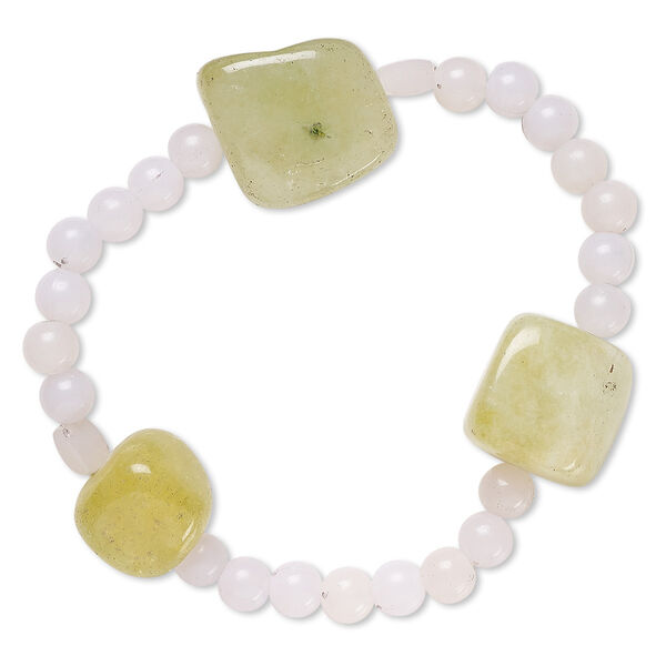 Bracelet, stretch, quartz (dyed) and acrylic, grey and green, 5mm round and small to medium tumbled nugget, 6-1/2 inches. Sold individually. image number 0