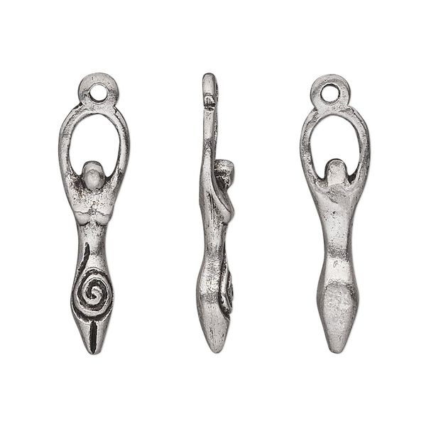 Charm, pewter (tin-based alloy), pkg/1, antiqued, 26x7mm goddess with spiral. image number 0