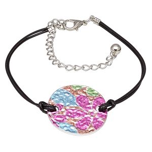 Bracelet, mylar / waxed cotton cord / imitation rhodium-plated steel / "pewter" (zinc-based alloy), black and multicolored, 27mm round with flower design, 7-1/2 inches with 3-inch extender chain and lobster claw clasp. Sold individually.