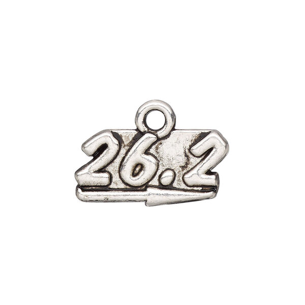 Charm, antique silver-finished "pewter" (zinc-based alloy), 19x9mm single-sided with "26.2" and arrow. Sold per pkg of 2. image number 0