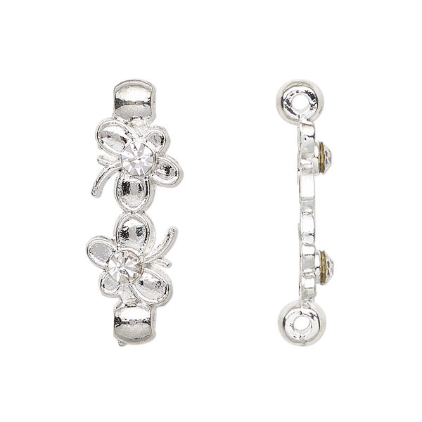 Spacer, glass rhinestone and silver-plated "pewter" (zinc-based alloy), clear, 27.5x10mm 2-strand with butterflies, fits up to 21mm bead. Sold per pkg of 10. image number 0