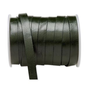 Cord, leather, green, 12mm flat. Sold per 5-yard spool.