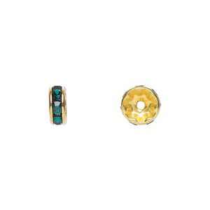 Bead 4pk emerald gold plate foil back, Crystal Passions® 8x3.5mm rondelle 77508